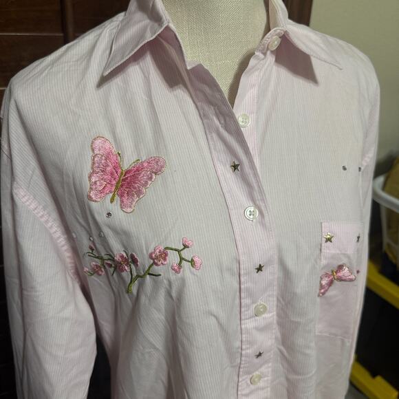 Vintage 90s Las Olas Butterfly Embroidered Pink Striped Shirt Womens L button up - Picture 2 of 8